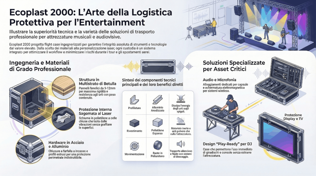 Infografica illustrativa dei flight case per vinili, giradischi, console DJ, chitarre, pedaliere, TV e tastiere - Ecoplast 2000